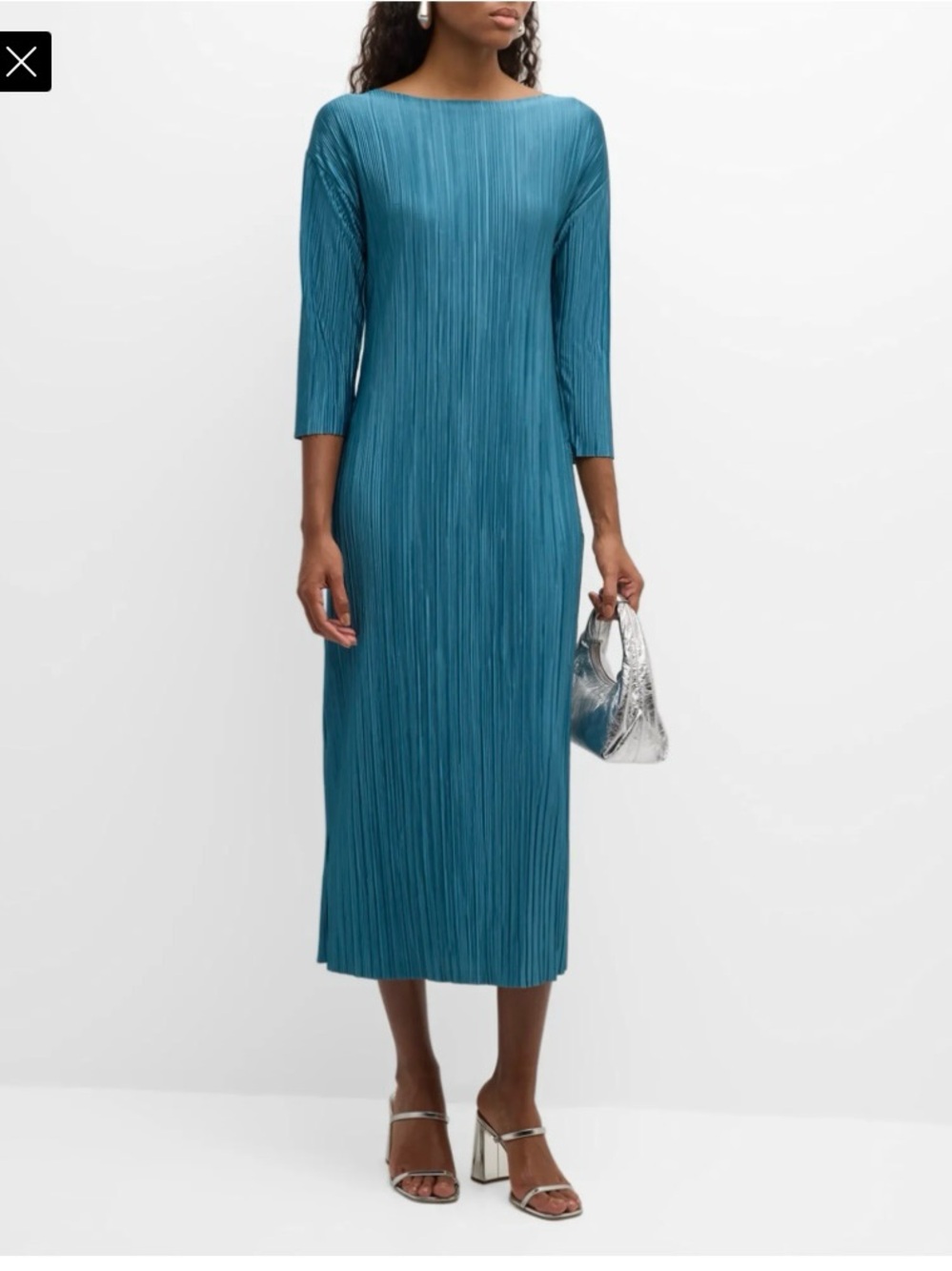 Frances Valentine Pleated Bateau neck Midi Dress in French Blue
